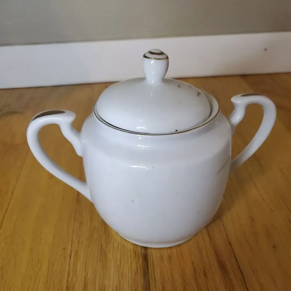 Kutani White & Platinum Hand Painted Sugar Bowl Kutani 1950s China Vintage